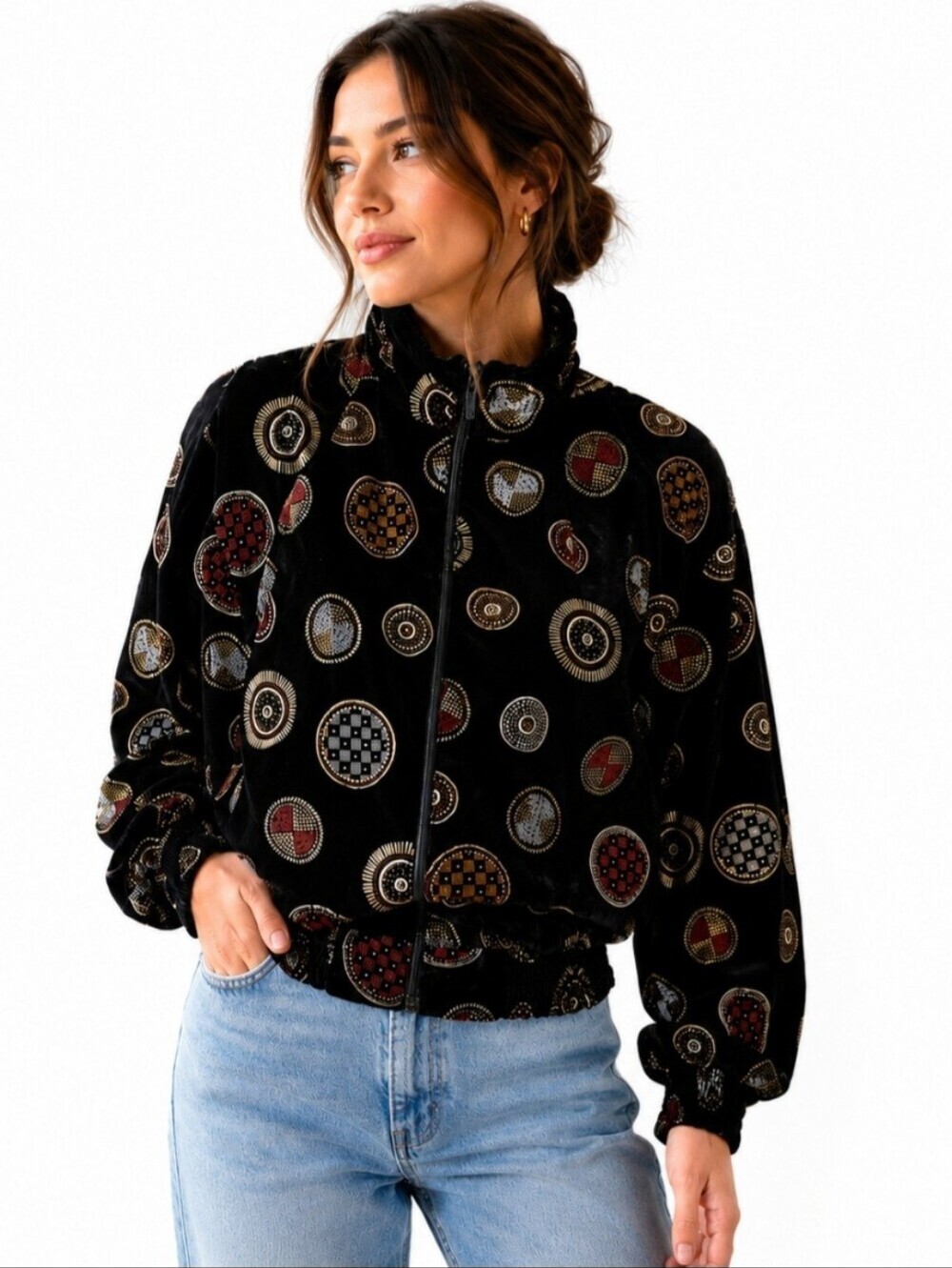 Velvet Bomber Jacket Women’s Small Black Geometric Print Vintage 90s Zip Up